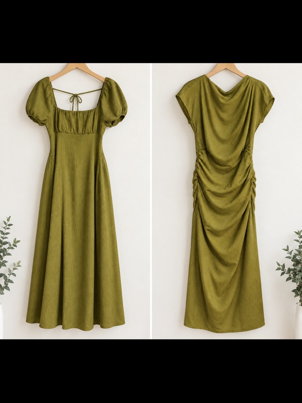 Olive Green Puff Sleeve Midi Dress